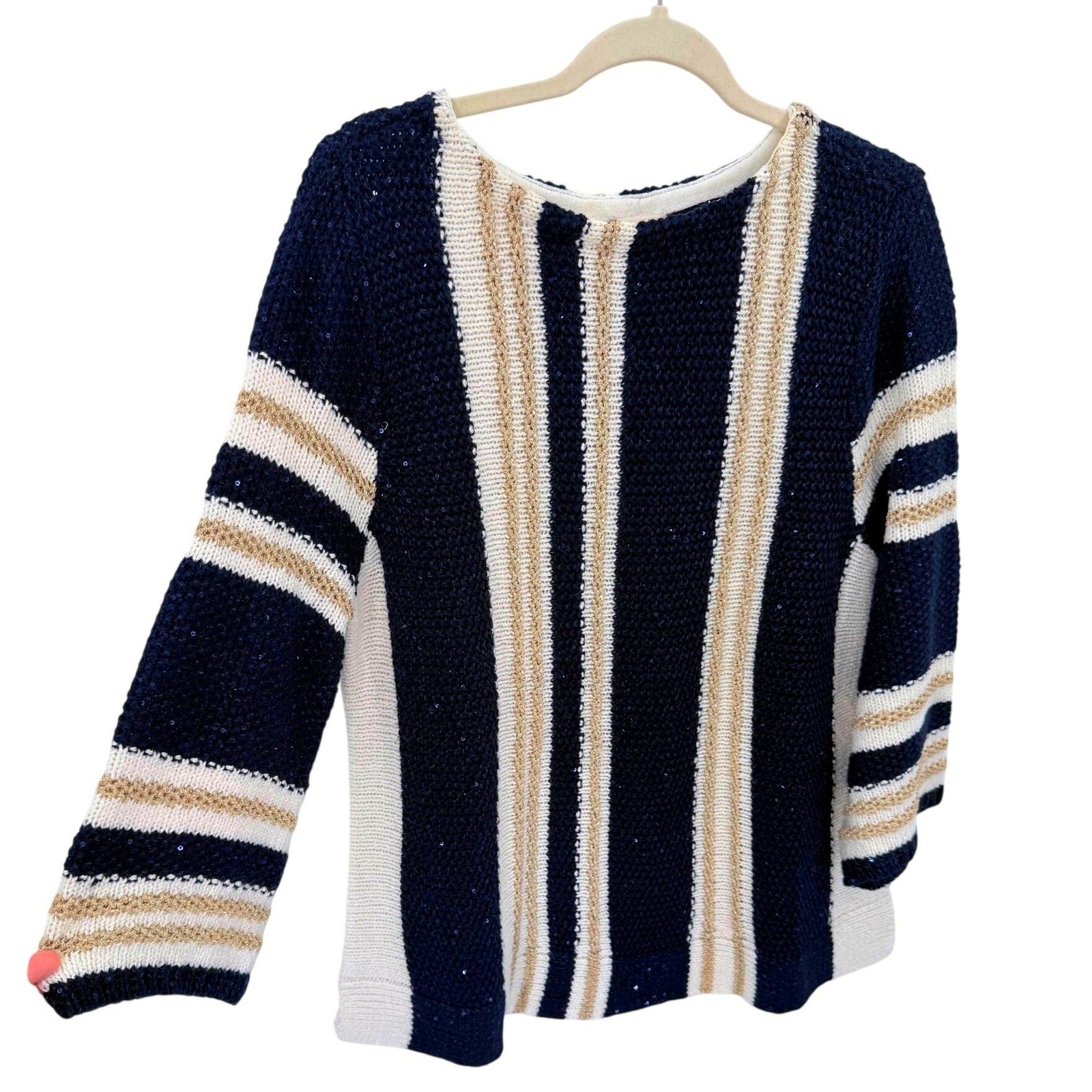 Chicos Elin Navy White Striped Sequin Metallic Knit Sweater Boat Neck Size 2 L